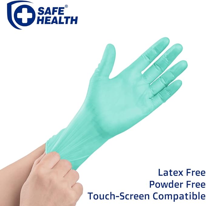 Safe Health Aloegenii HD Green Vinyl Disposable Gloves, Aloe Vera Coated, 5.5 mil, Box of 100, Medium, Latex Free, Powder Free, Cleaning, Food Service, Office, Janitorial