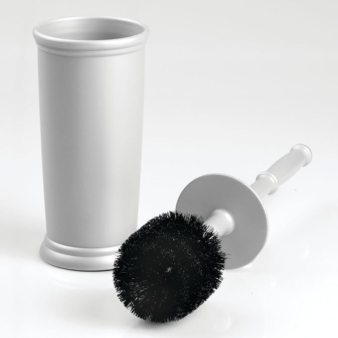 mDesign Toilet Bowl Brush and Holder - Covered Bathroom Brush - Standing Scrubber in Modern Holder - Space Saving, Deep Cleaning for Toilet - 2 Pack, Silver