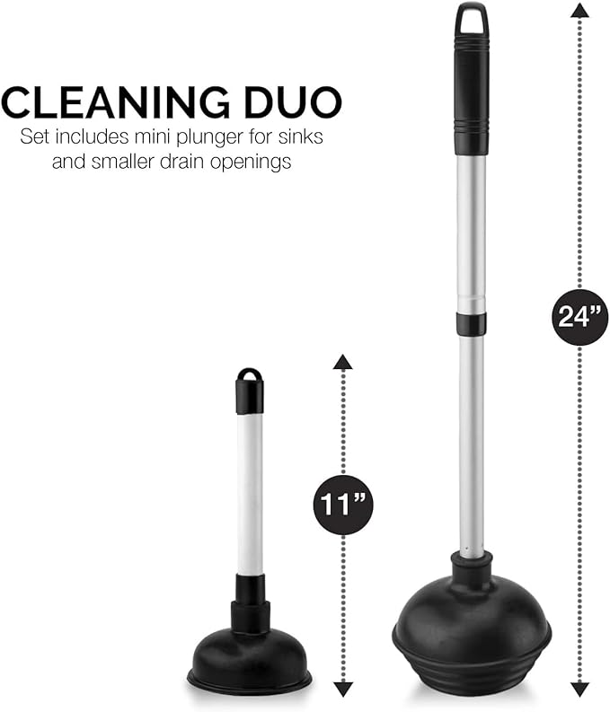 NEIKO 60169A Toilet Plunger | 2 Piece | Bonus Mini-sink and Drain Plunger | Compact | Patented All-Angle Design | Telescopic Aluminum Handle
