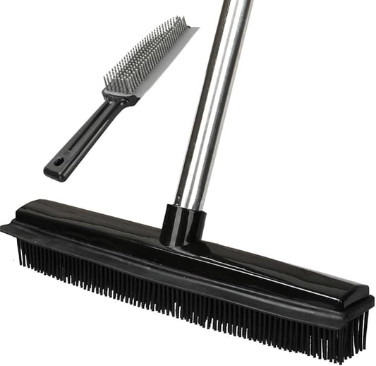 Rubber Broom and Pet Hair Removal Brush Set for Carpet,Fur Remover Rake with Squeegee,Lint Brush for Pet Dog Cat Hair