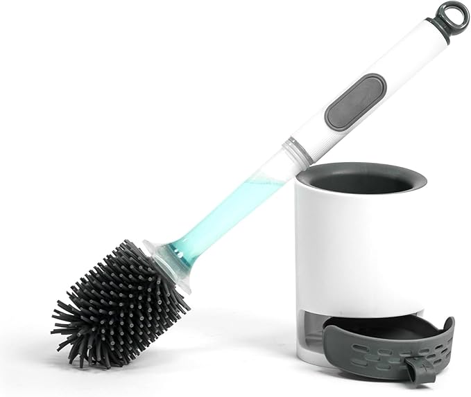 xyadyhz Toilet Brush Set, Silicone Toilet Bowl Scrubber & Holder - Reusable & Drip-Proof Bathroom Cleaner, Space-Saving Design for RV, Apartment; Includes Dispenser, Grey 1PCS