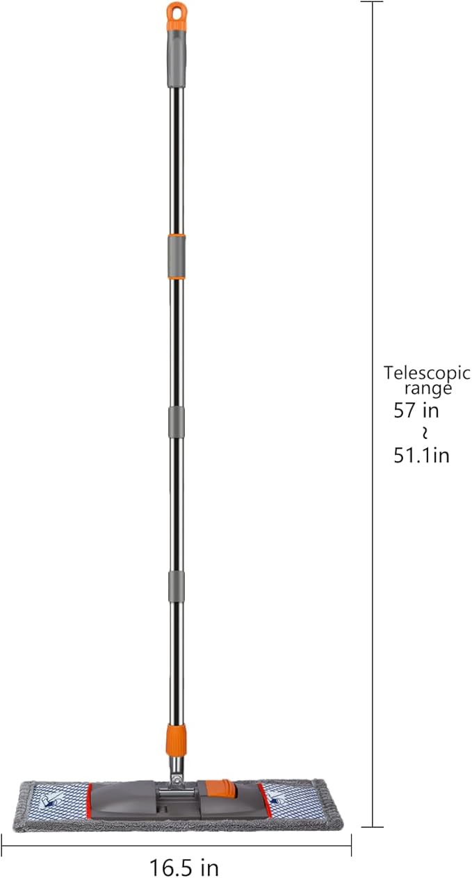 57-inch Fiber Flat mop with 4 Floor mops with Washable Pads, Suitable for Multiple Surfaces and Designed specifically for Floor Cleaning. Features an Extra-Long Telescopic Handle for deep Cleaning