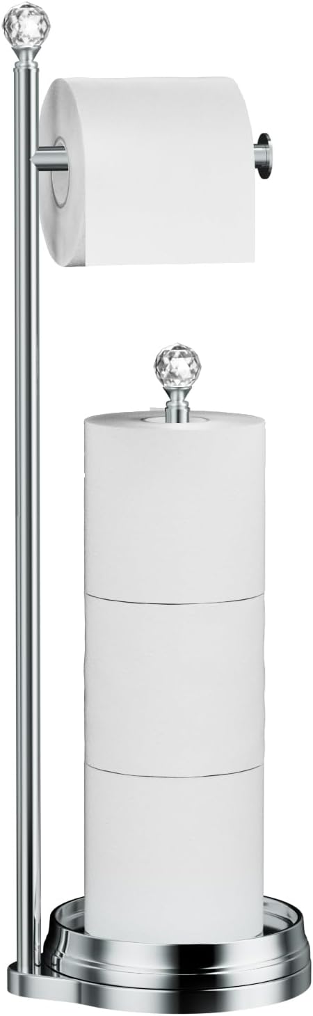 KASUNTO Toilet Paper Holder for Bathroom, Heavy Weighted Metal Free Standing Toilet Paper Holder Stand with Crystal Ball, Toilet Paper Roll Stand for Bathroom Accessories