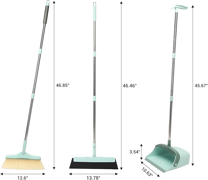 Sayene Broom and Dustpan Set,Squeegee Broom,Long Handle Broom and Dustpan Set,Broom with Stand Up Dustpan Combo Set,Squeegee - Kit for Indoor Cleaning 2+1 for Home, Office, Lobby(Green)