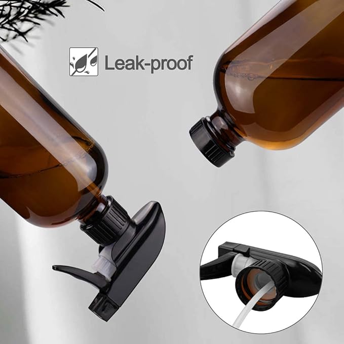 Glass Spray Bottles, 16oz Refillable Containers, Empty Boston Round Bottles with Labels & Adjustable Nozzle for Cleaning, Gardening, Aromatherapy, Pets, Plant, Hair -Amber (2 Pack)