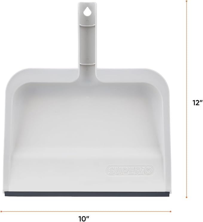 Superio Clip-On Dustpan with Rubber Lip - 10-inch Wide Durable Plastic Dust Pan with Comfort Grip Handle, White, 1-Pack