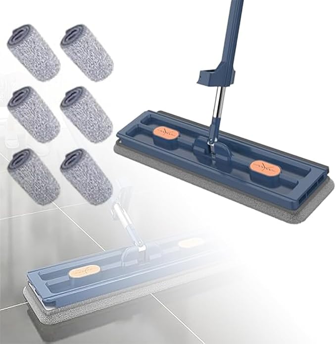 Large Flat Mop, Saker Plus Self Wringing Mop 360° Rotating Flat Mops with Washable Microfiber Pads, Independent Drainage Scraper Floor Cleaning System (Blue, 6 Microfiber Pads)