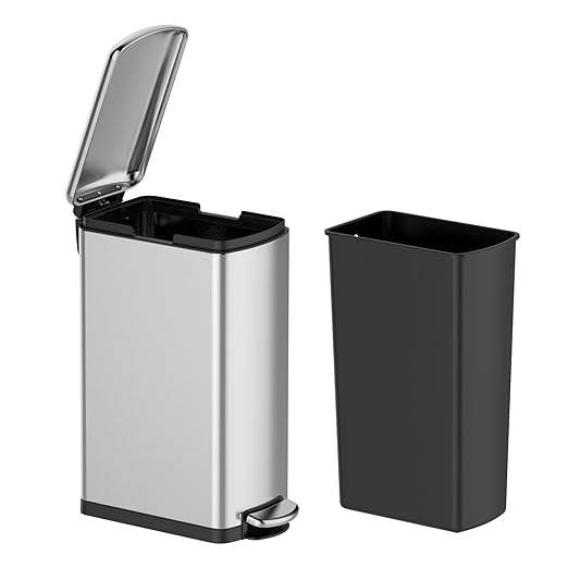 30 L Kitchen Step Trash Can, 8 Gallon Narrow Stainless Steel Waste Bin with Soft-Close Lid, Rectangle Rubbish Bin with Removable Inner Bucket for Bathroom, Dining Room, Living Room