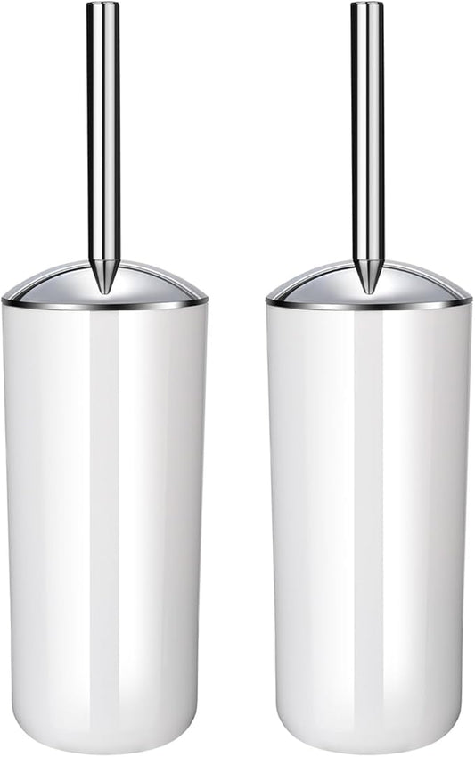 Toilet Brush and Holder Set of 2 | Great Value 2-Pack for Multiple Bathrooms | Sturdy Reinforced Handle for Durability | Discreet Enclosed Caddy | 360° Deep Cleaning Bristles | (White)