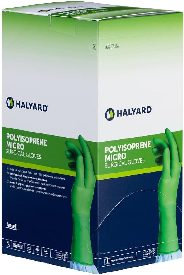 HALYARD Micro Surgical Gloves Sterile Polyisoprene Individually Wrapped Pairs Powder Free Medical Disposable Gloves, 7.9 mil, Size 9.0 XL, Green, SGL90090 (Box of 50 Pairs - 100 Total)