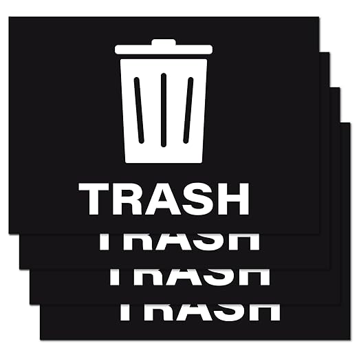 Trash Stickers, Self Adhesive Weatherproof Vinyl Stickers, Black, 7" x 10" (Pack of 4)