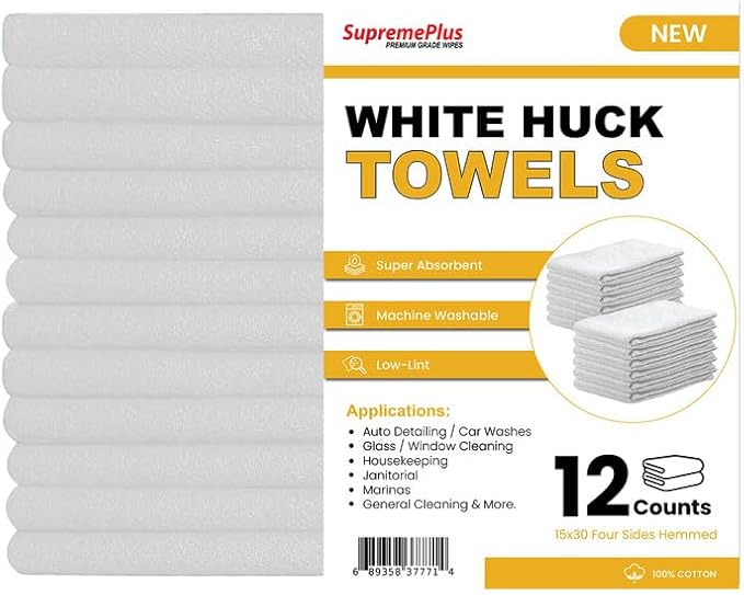Premium White Huck Towels – (12 Pack) 15 x 30 inches 100% Cotton Bulk Towel for General Cleaning, Auto Shop, and Hospital Use, Super Absorbent, Machine Washable Cloth