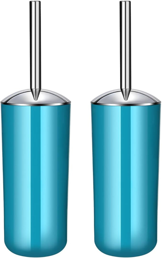Toilet Brush and Holder Set of 2 | Great Value 2-Pack for Multiple Bathrooms | Sturdy Reinforced Handle for Durability | Discreet Enclosed Caddy | 360° Deep Cleaning Bristles | (Blue)