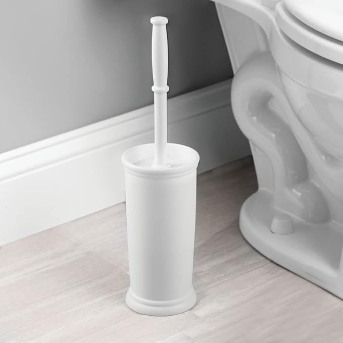 mDesign Toilet Bowl Brush and Holder - Covered Bathroom Brush - Standing Scrubber in Modern Holder - Compact, Space Saving, Deep Cleaning - White