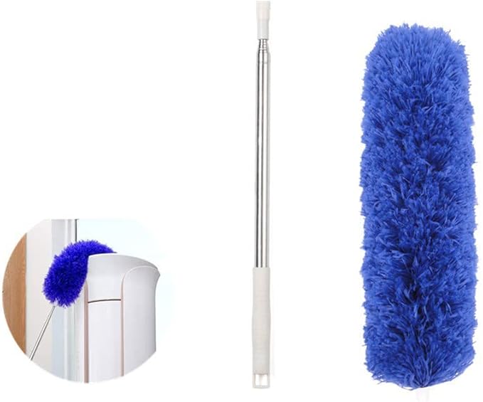 Ceiling Fan Feather Duster with Extension Pole, Cobweb & Corner Brush for Cleaning, Long Handle Aluminum Telescoping Pole, Washable, Blue, 130cm