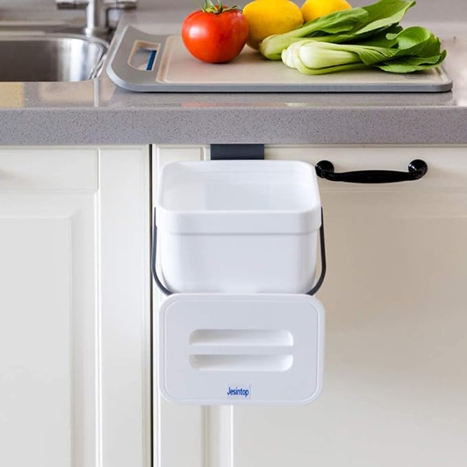 Kitchen Compost Bin Indoor for Counter Top,Hanging Small Trash Can with Lid,Food Waste Bin,Mountable Compost Busket 1.3 Gal/5 L Series,White