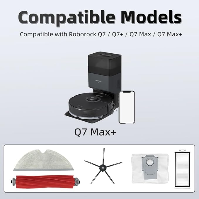 24Pcs Q7 Accessories Kit Replacement Compatible with Roborock Q7 / Q7+ / Q7 Max / Q7 Max+ Robot Vacuum, 2 Main Brush, 4 Mop Cloth Pads, 6 Side Brushes, 4 HEPA Filters,6 Dust Bag, 1 Cleaning Tool