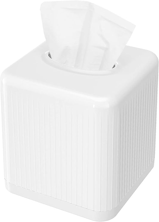 Livelab Tissue Box Cover with Base, Square Plastic Tissue Box Holder Decorative Tissue Cover Modern Cube Facial Tissue Dispenser for Bathroom Vanity Countertop, Living Room, Bedroom, Office - White