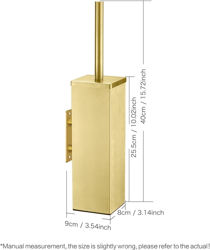 JOVYXIE Brushed Gold Stainless Steel Square Toilet Brush with Metal Lid Dual-Use Toilet Brush Holder with Drilled + Drill-Free Hook Base Includes Removable Inner Bucket (Brushed Gold)