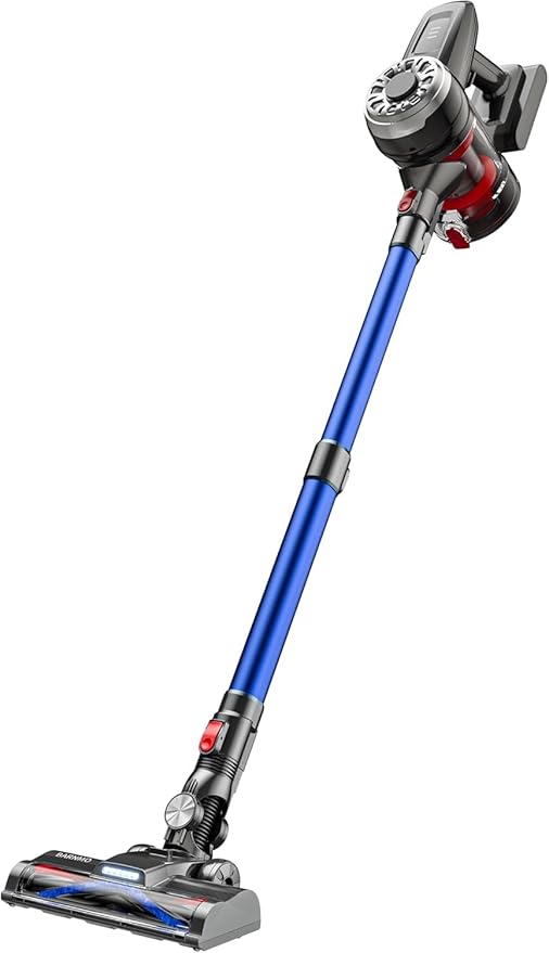 BARNMO Cordless Stick Vacuum, Blue, 45 Min Runtime, LED Headlights, 2-Speed, Telescopic Tube with Main Vacuum Brush, Crevice Tool, dust Brush, Removable-Rechargeable Battery Pack with Charging Cord