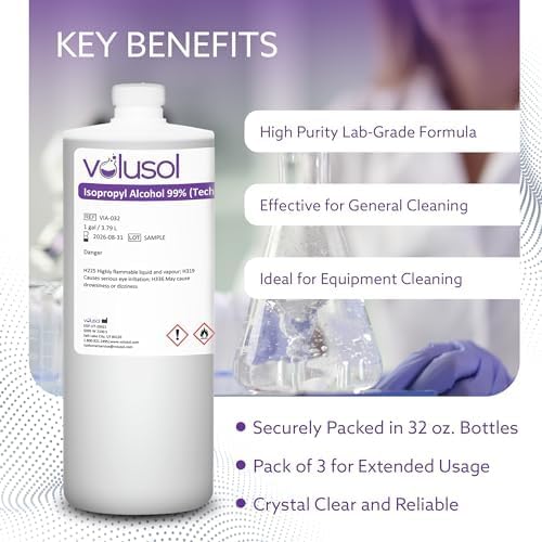 Volu-Sol Isopropyl Alcohol 99% (Isopropanol) - High Purity, USP | Kosher Grade IPA for Medical, Lab Equipment & Electronics, Clear Bottle, 4 Gallons (128 oz) (16 Quarts)