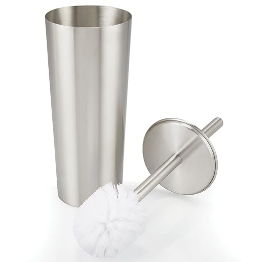 mDesign Metal Freestanding Slim Toilet Bowl Brush and Holder + Rectangle Narrow 5 Liter / 1.3 Gallon Step Pedal Trash Can Wastebasket for Bathroom - Small, Compact Design - Set of 2 - Brushed/Chrome