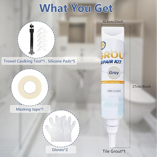 Lskysaga Tile Grout Repair Kit - Grout Filler, Grout Repair Paste with Silicone Trowel Scraper, Fast Drying Grout Repair Kit for Bathroom Shower Kitchen Floor Tile, Waterproof (17.64 oz, Gray)