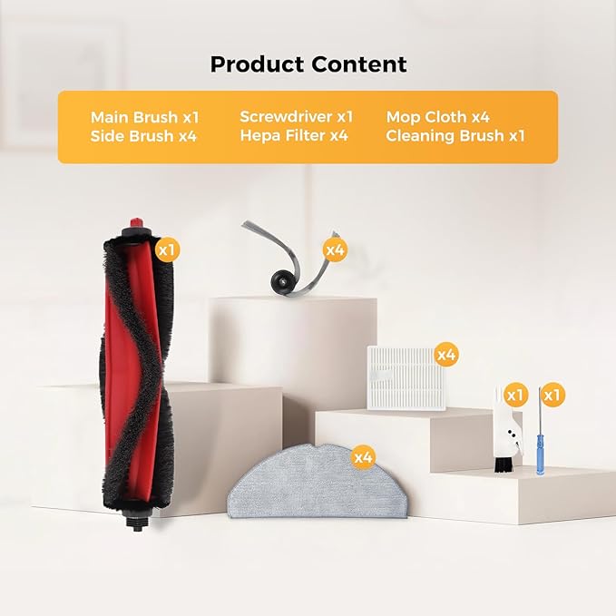 Yivy Q7 M5 Replacement Accessories for Roborock Q7 M5+/ Q7 M5/Q7 L5/Q7 L5+, 1 Main Brush, 4 Side Brushes, 4 HEPA Filters, 4 Mop Pads, 1 Cleaning Brush, 1 Screwdriver Spare Parts