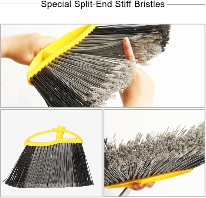 GLOHOO Broom and Dustpan Set, Outdoor Heavy Duty Broom with Stainless Steel Dustpan,Stiff Bristles Broom and Metal Dust Pan for Home