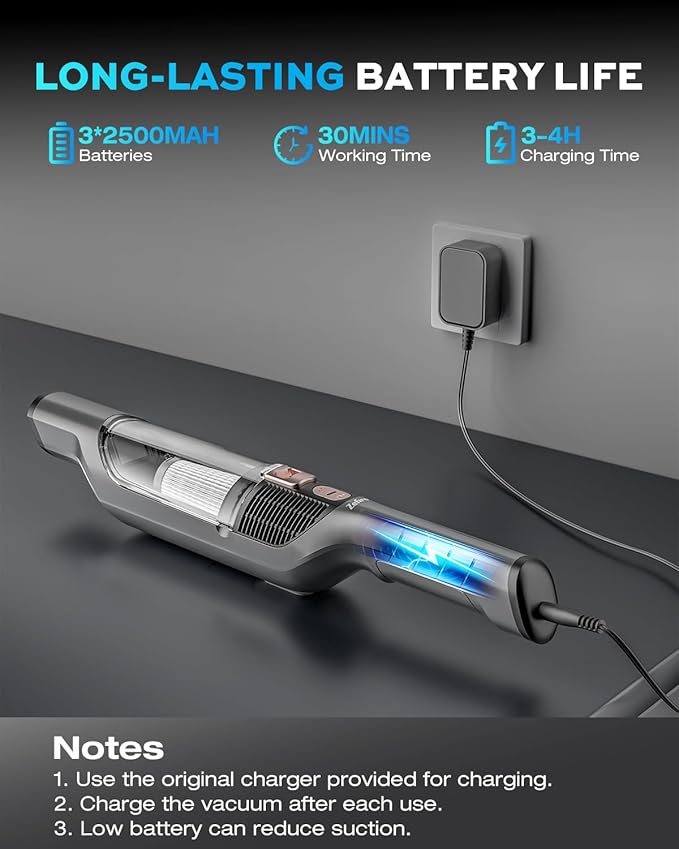 Zefiro Compact & Powerful Cordless Handheld Vacuum, Rechargeable Portable Car Vacuum for Car & Pet Hair, 22000PA High Power Suction, XL Dust Cup, 2 Brushes & Filters, Long Runtime with Charger