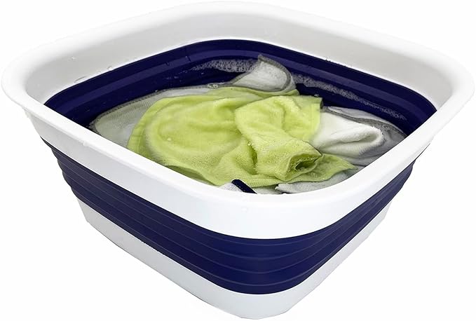 SAMMART 8L (2.1 Gallon) Collapsible Tub - Foldable Dish Tub - Portable Washing Basin - Space Saving Plastic Washtub (White/Navy Blue)