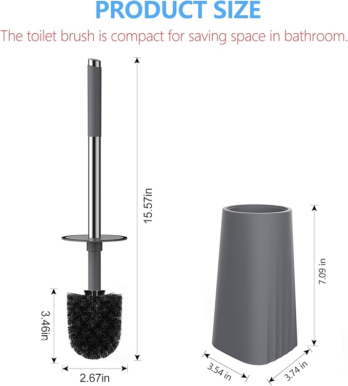 SetSail Toilet Brush, Compact Size Toilet Bowl Brush and Holder Toilet Brushes for Bathroom with Stainless Steel Handle Toilet Cleaner Brush with Durable Scrubbing Bristles, Grey