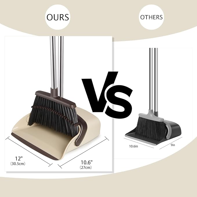 XXFLOWER Broom and Dustpan Set, Dustpans with Broom Combo for Home, Heavy Dust Broom and Dustpan Combo, Long Handle Dust Pan and Broom Set for Kitchen, Office, Pet Hair,Beige, Pack of 1