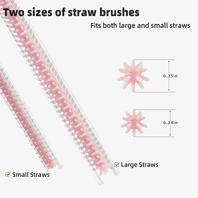 TenderBloom Silicone Straw Cleaner Brush, 4-Piece Reusable Straw Brush Set with Extra-Long Design for Cleaning Thin Metal Straws and Wider Milkshake Straws （6mm+9mm Pink)