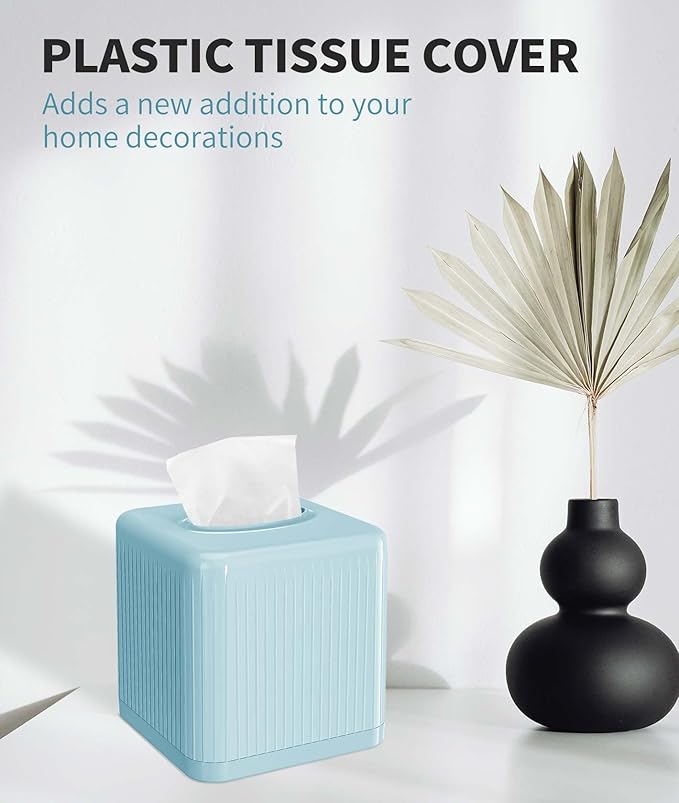 Livelab Tissue Box Cover and Holder - Square Plastic Decorative Tissue Dispenser - Modern Cube Style - For Bathroom, Living Room, Office - Blue