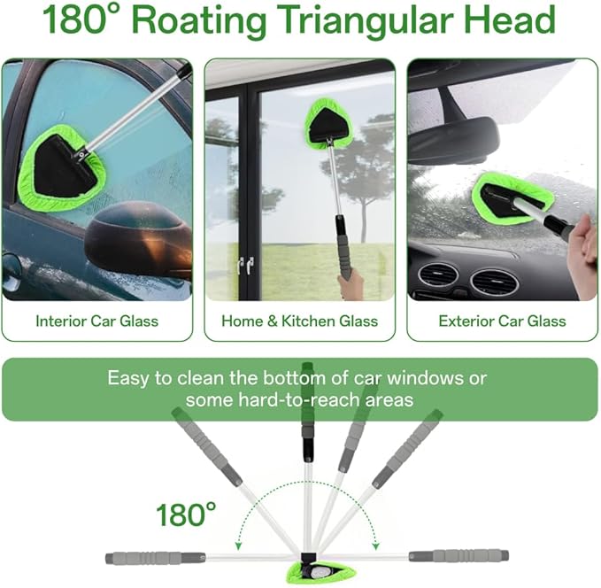 IIUIKOO Windshield Cleaner Tool with Extendable Handle, Car Window Cleaning Kit for Inside & Outside Glass, Includes Microfiber Pads, Brush & Bottle (7 Pcs, Green)