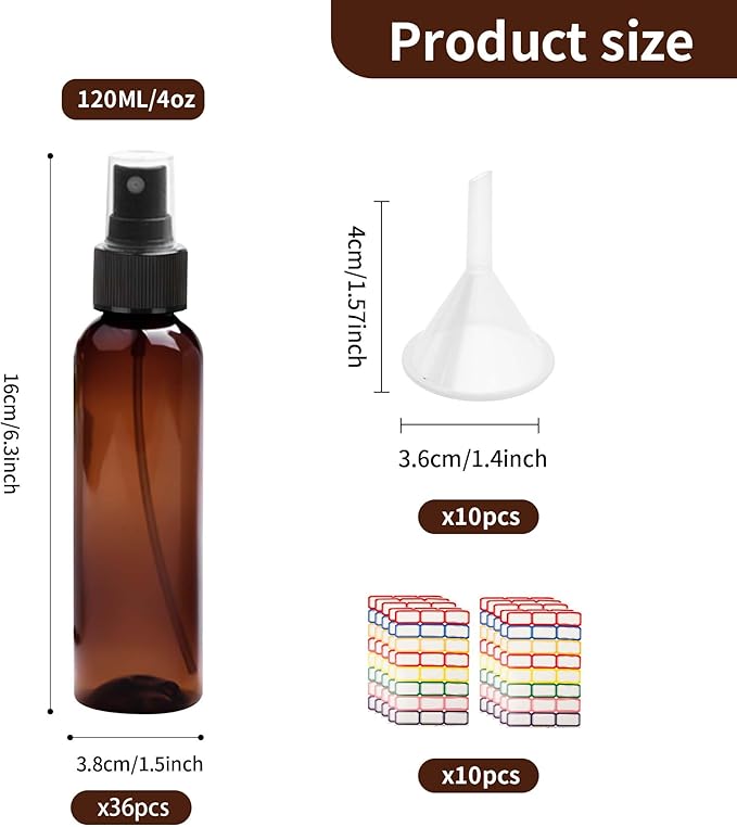 36 Pack Amber Plastic Spray Bottles 4 oz Small Spray Bottle Plastic Fine Mist Spray Empty Bottle, Amber 4 oz Spray Bottles Bulk for Travel, Essential Oils