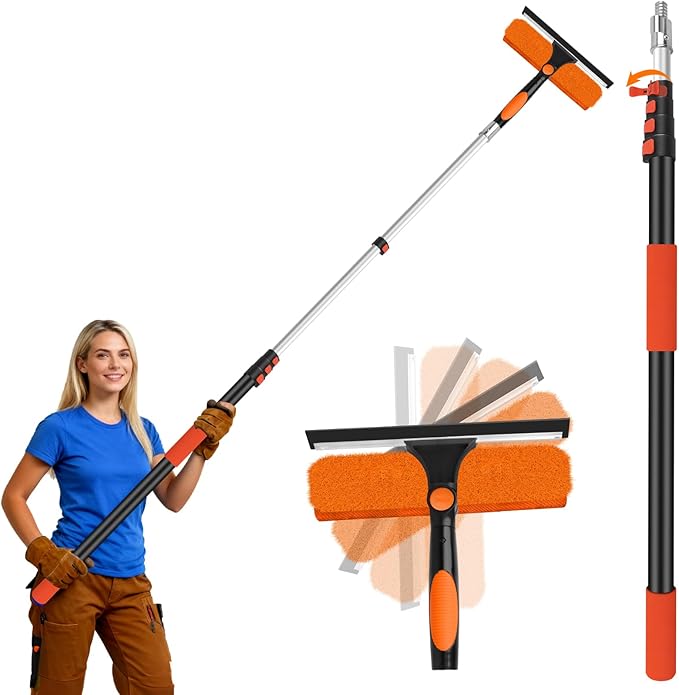 Jhkopqe 26FT Telescoping Window Squeegee Kit | 2-in-1 Professional Window Washer & Microfiber Scrubber with Extension Pole | High Reach Cleaning Tool for Outdoor, Indoor Windows & Glass