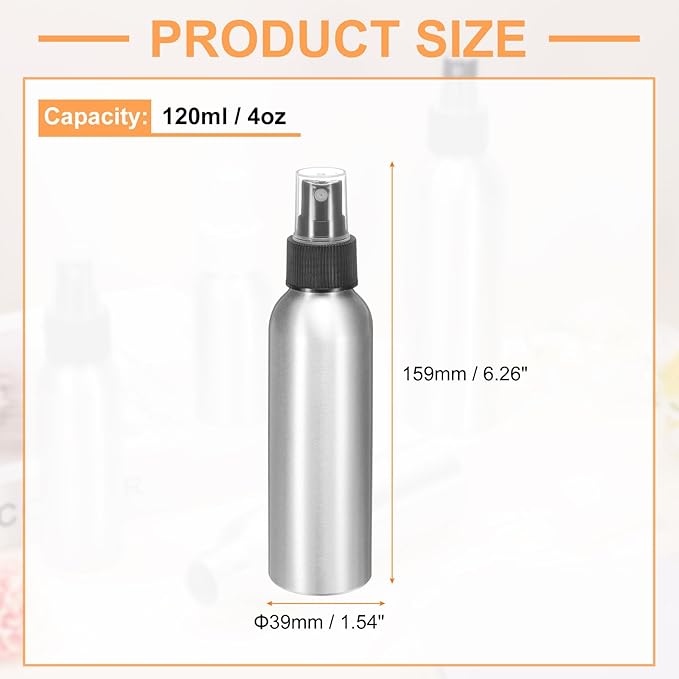 HARFINGTON Aluminum Fine Mist Spray Bottles 120ml/4oz Metal Small Liquid Alcohol Refillable Travel Container with Black Plastic Nozzle Cap for Perfume Skincare Cosmetic Storage Bottle