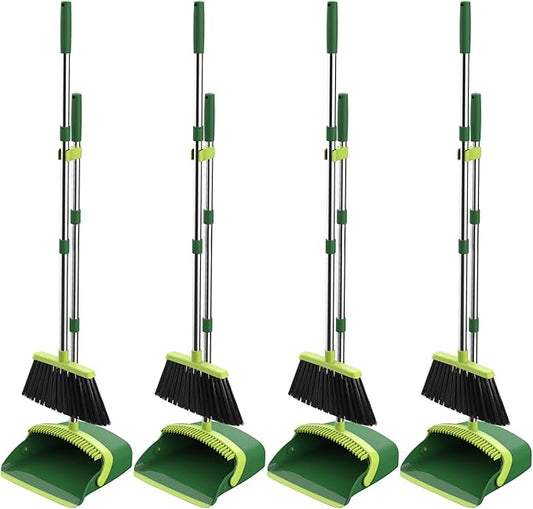 Broom and Dustpan Set, 52-in Long Adjustable Handle Broom Dustpan Combo with Dust pan Teeth to Automatically Clean Hair Suitable for Home Kitchen Office Hall Floor (Green), 4 Pack