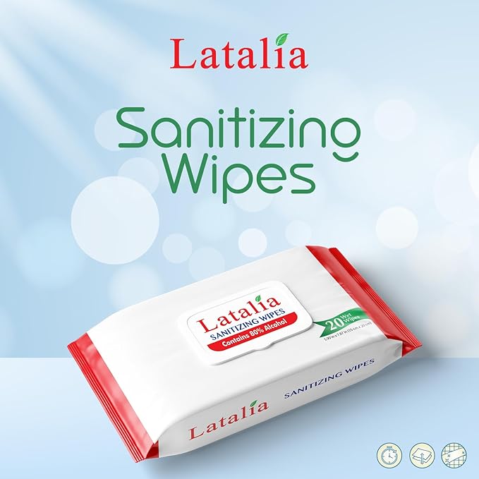 Latalia Hand Wipes Pack of 2| 80% Alcohol Hand Sanitizer Wipes for Hands & Face Moisturizing, Gentle, Convenient and Fragrance Free (20 Counts)