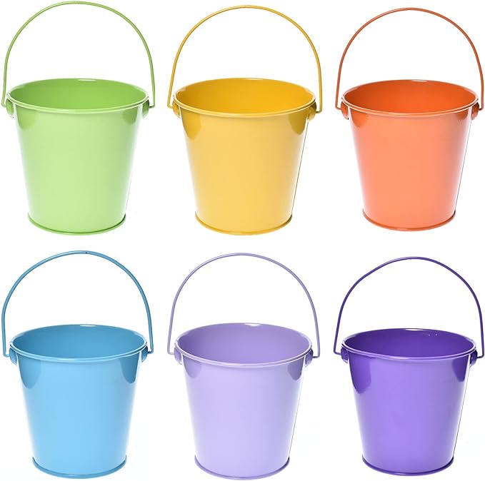 Small Metal Buckets with Handle, 6 Pack 4.3 inch Colored Galvanized Bucket for Kids,Classroom,Crafts,and Party Favors (Multi-Colored, 4.3" Top)
