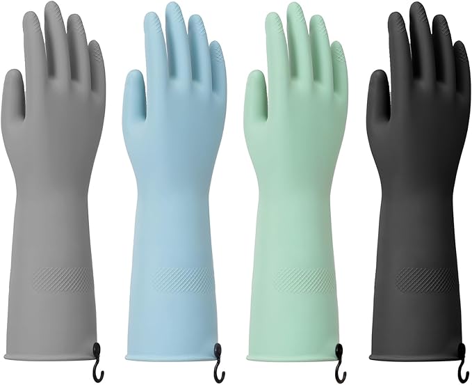 Rubber Dishwashing Gloves for Kitchen 4 Pairs Cleaning Household Dish Washing Reusable & Waterproof Latex Glove(Large/with Hook)