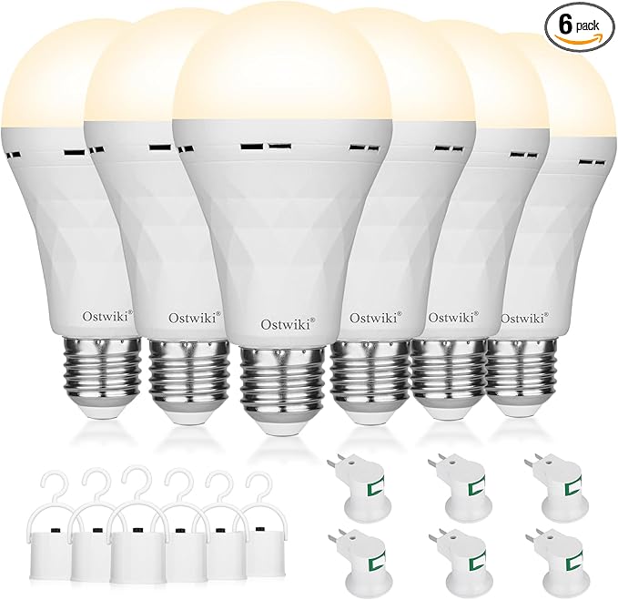 Rechargeable Light Bulbs, 1200mAh Led Battery Backup Bulb for Lamps 6 Pack Emergency Light Bulbs for Power Outage Hurricane Camping 9W 3000K A21 Warm Light Battery Operated Light Bulb E26