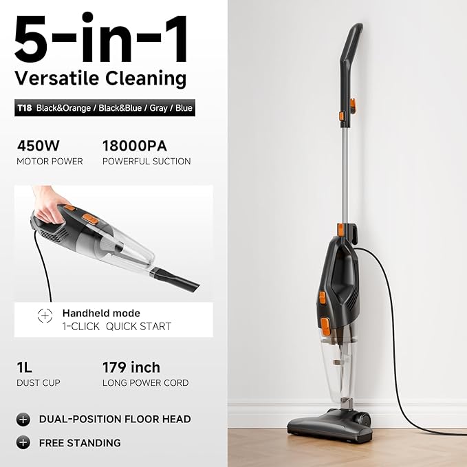 fenhua Corded Stick Vacuum Cleaner - Lightweight, Powerful Suction with 450W Motor, 3-in-1 16.4Ft Cord Vacuum Cleaners for Home, Hard Floor, Carpet, Pet Hair Black Orange