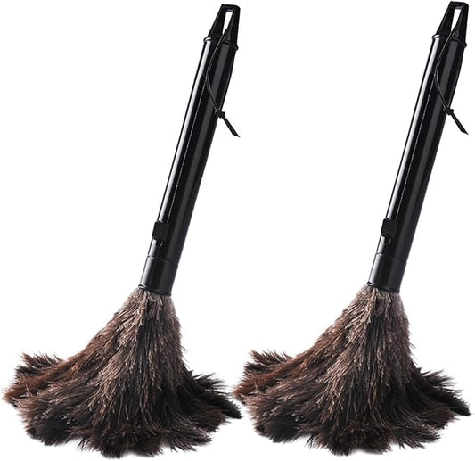 2pcs Feather Duster, Retractable Handle Fluffy and Natural Feather Duster Intrior/Extrior Cleaner for Blinds, Kitchen, Keyboard, Office Cleaning Supplies(Color:Black)