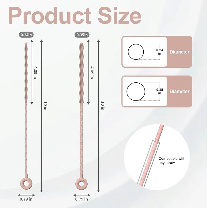 YOTIME Silicone Straw Cleaner Brush, 2 Pcs Reusable Straw Brush(6mm+9mm) for Cleaning Narrow & Wide Straws, Tumblers, Pink