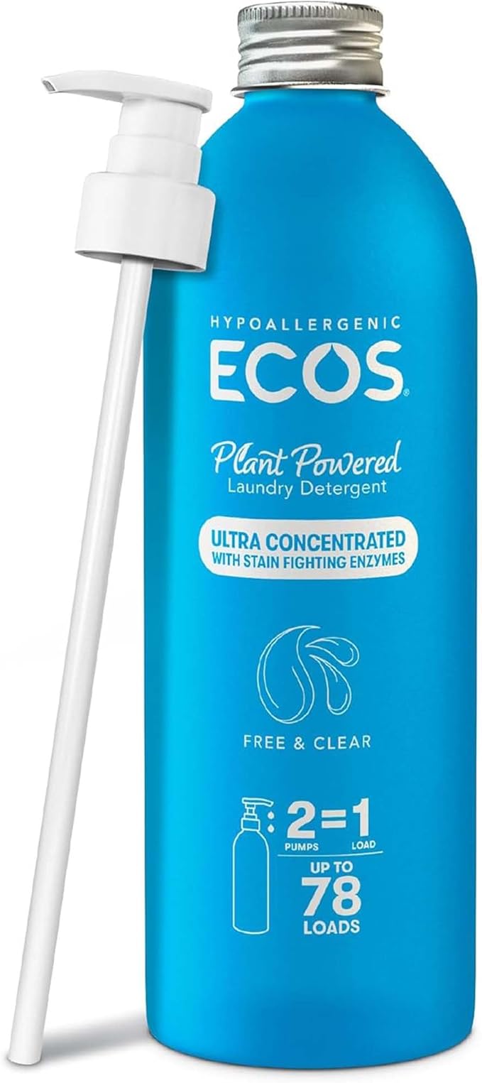 ECOS Ultra Concentrated Liquid Laundry Detergent, Sustainable Aluminum Bottle, Up to 78 Washer Loads - Hypoallergenic Laundry Soap - High Efficiency & Standard Machine Washing - Free & Clear, 16 Fl Oz