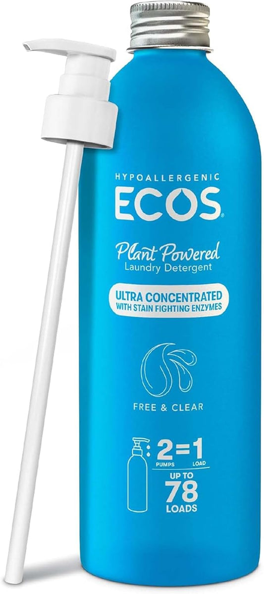 ECOS Ultra Concentrated Liquid Laundry Detergent, Sustainable Aluminum Bottle, Up to 78 Washer Loads - Hypoallergenic Laundry Soap - High Efficiency & Standard Machine Washing - Free & Clear, 16 Fl Oz