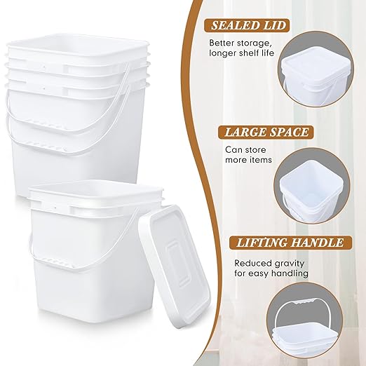 Mumufy 3 Pcs 3.5 Gallon Square Food Grade Bucket with Lid Square Bucket Pail with Plastic Handles for Storing Dry Food, Charcoal, Camping, Fishing (White)
